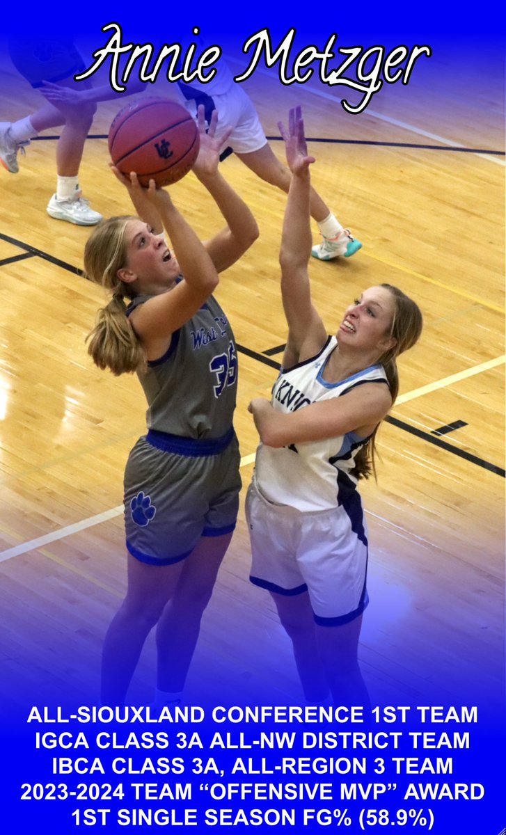 WestLyonGBB's tweet photo. Congratulations to junior Annie Metzger on a fantastic junior season! Annie continues to get better every time she steps on the floor! #WLPride https://t.co/5VIIWoweR4