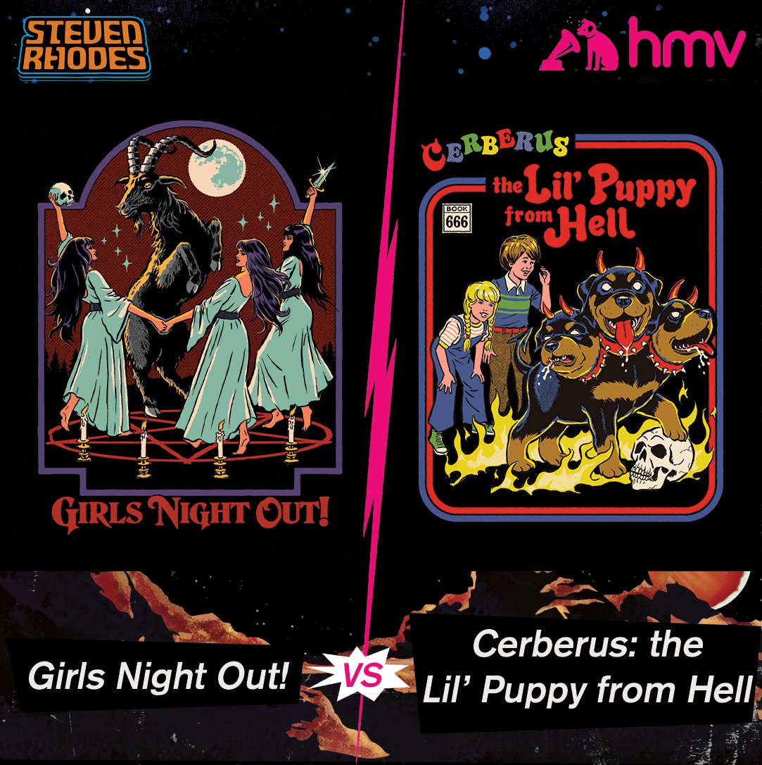 Fresh from the dark recesses of Steven Rhodes' imagination, we're excited to share these finished designs! 🔥

Now it's up to you, vote below to decide which design will become the next hmv exclusive tee! 🗳️