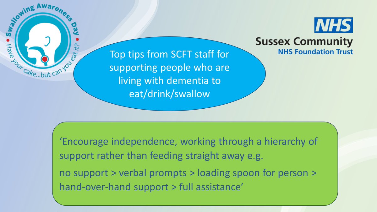 We asked staff @nhs_scft for their top tips for supporting people who are living with dementia to eat, drink and swallow. We will be sharing their thoughts throughout the day! @scft_dementia @RCSLT #SwallowAware2024 #NutritionAndHydrationWeek #TeamSCFT