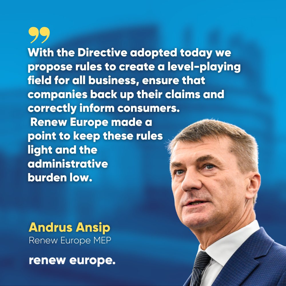 ✅Green Claims Directive adopted by @Europarl_EN! Our rapporteur @Ansip_EU made it clear: 'Stop greenwashing! The unchecked spread of green claims has been shown to mislead consumers and disadvantage honest entrepreneurs.'