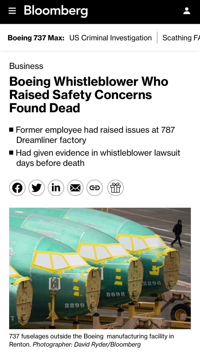 Boeing Whistleblower Who Raised Safety Concerns Found Dead $BA - Former employee had raised issues at 787 Dreamliner factory. - Had given evidence in whistleblower lawsuit days before death. - BA is a disgrace.