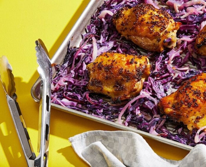 Ellie_Krieger's tweet image. Here’s an all-time favorite easy #sheetpan dinner: #chickenthighs slathered w/ grainy mustard + maple syrup, roasted at a high temperature to ensure an extra-crispy skin &amp;amp; nestled on the same pan w/ a sweet-and-tangy warm #redcabbage slaw. tinyurl.com/4as8w2ev #weeknightdinner