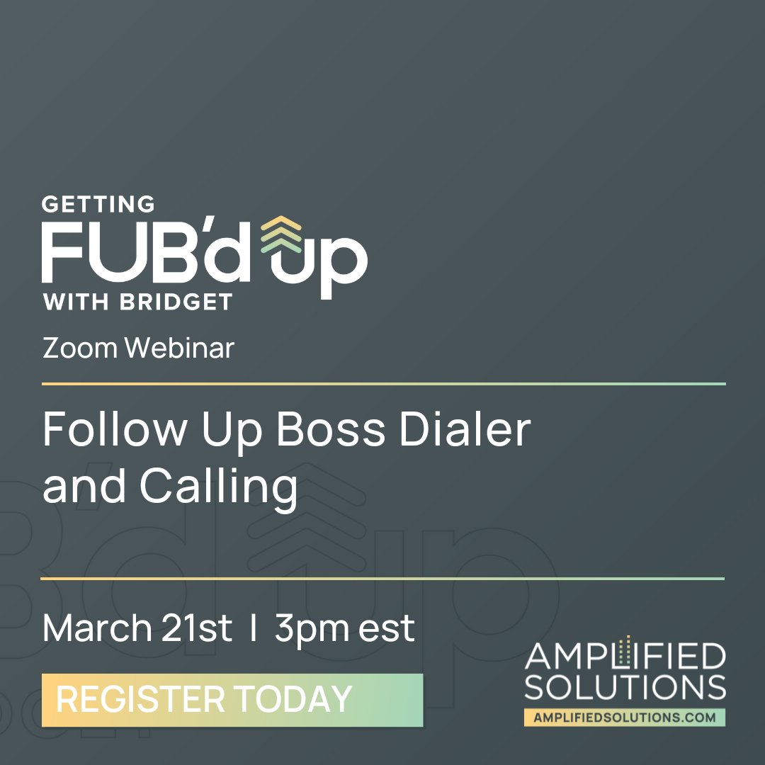 🚨 Join us on 3.21 for a free webinar Getting FUB'd Up with Bridget: Follow Up Boss Dialer and Calling! Use this link to register to watch live or get the recording sent to your inbox! us02web.zoom.us/webinar/regist… #followupboss 
#realestate #admin