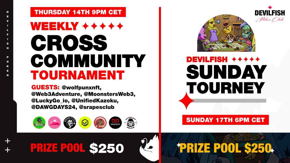DEVILFISH CROSS-COMMUNITY THURSDAY & SUNDAY SPECIAL We are thrilled to announce that this week we'll be joined by @wolfpunxnft @Web3Adventure @MoonstersWeb3 @LuckyGo_io @UnifiedKazoku @DAWGDAYS24 @srapesclub 💥 📅 | MARCH 14TH & MARCH 17th ⏰ | 9pm CET & 6pm CET PRIZES 🥇…