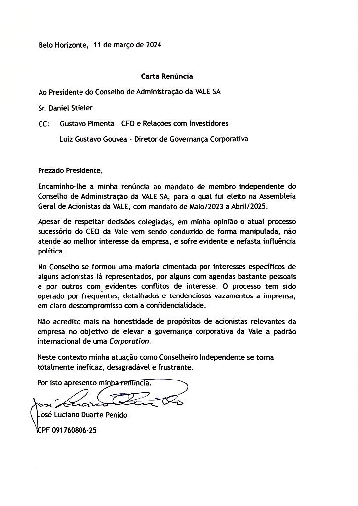 RafaelFontana's tweet image. Esta foi a carta de renúncia de José Luciano Duarte Penido encaminhada à presidência da Vale.

No texto, ele diz que o processo de sucessão do CEO sofre "uma nefasta influência política".

Traduzindo: o PT já dominou tudo e a Vale vai para o buraco mais uma vez.
