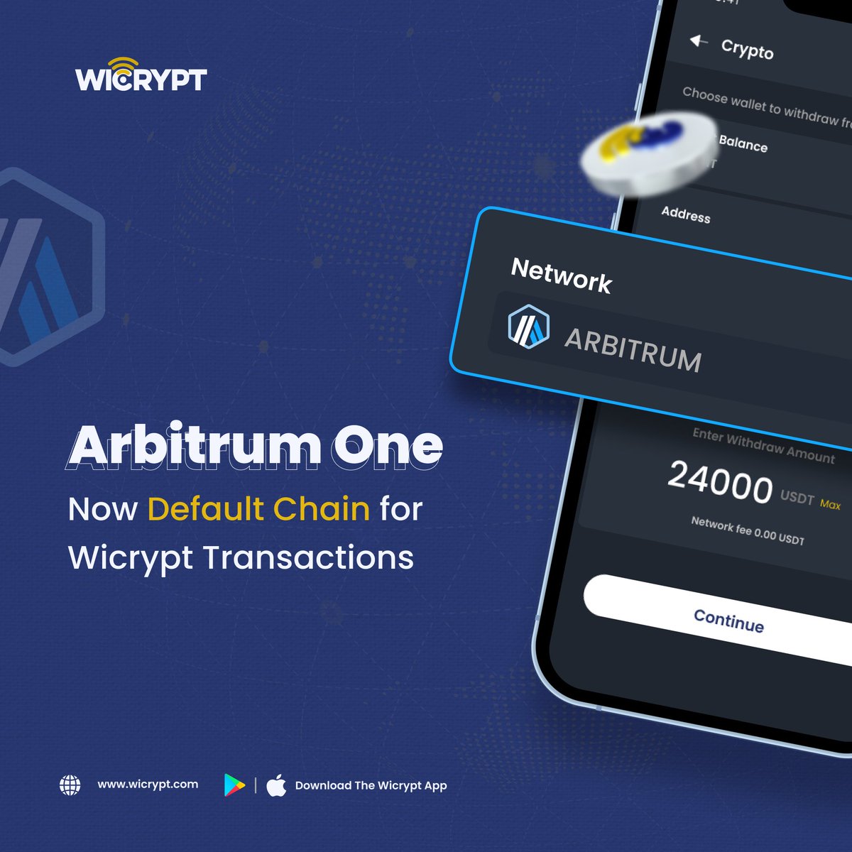 We have officially migrated to Arbitrum One as the default chain for  Wicrypt transactions on our Mobile and Web App. You can now carry out  deposits, withdrawals and swaps on @Arbitrum One