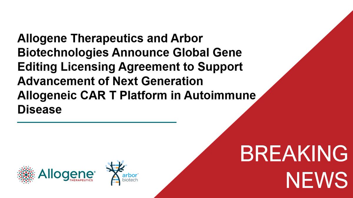 We are pleased to announce our collaboration with @ArborTx for use of their CRISPR gene-editing technology to develop allogeneic CAR T products for autoimmune disease. #CART $ALLO #celltherapy #immunotherapy ir.allogene.com/news-releases/…