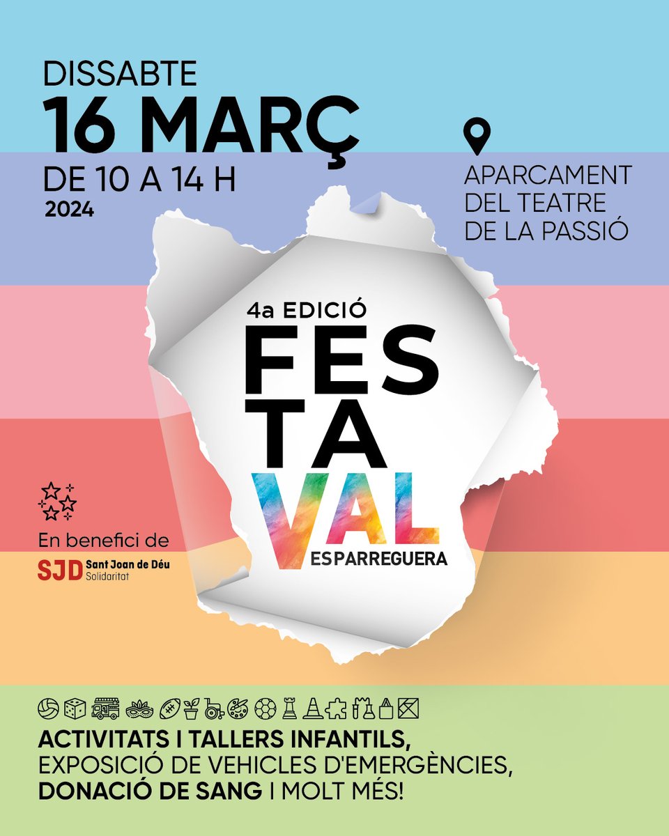 solidaritatSJD's tweet photo. 📢 Aquest 𝗱𝗶𝘀𝘀𝗮𝗯𝘁𝗲, 𝟭𝟲 𝗱𝗲 𝗺𝗮𝗿𝗰̧ no et perdis la 4a edició de la #FestaVal que torna amb força a #Esparreguera! Tallers, exhibicions, concerts, activitats lúdiques... Una festa inclusiva i solidària en benefici de #BombersAmbCausa! 🚒❤️+ info: https://t.co/ydizgND4g6