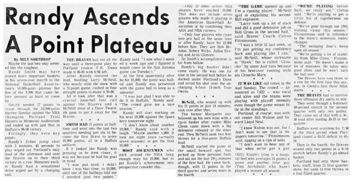 77Blazers's tweet photo. March 12, 1978 - #RandySmith scored 27 in the #BuffaloBraves victory over the injuried @trailblazers, becoming the first #Braves player to top the 10K point mark.

Smith, who was a 7th round pick by #Buffalo and played at @BuffStateMBB, played 7 seasons in Buffalo and earned 2 @NBA All-Star appearances. In fact, Smith was voted the #AllStar #MVP in the most recent game played in January.

The #Blazers, playing without #BillWalton and #LloydNeal, played from behind for most of the game until rookie #TRDunn put Portland ahead by a point with just over 4 minutes remaining, but Smith regained the lead for Buffalo just 20 seconds later, the basket that gave him the career total.  The game was halted and Smith received the game ball.

Dunn was 1 of 3 Blazers to score in double-digits, finishing with 12 points. #BobbyGross scored 18 and #TomOwens had 14.

Besides Smith's point total, he added 10 assists. #LarryMcNeill, signed as a FA just 5 weeks ago, added 21 points for the Braves.

#RipCity #ThisDateinBlazersHistory