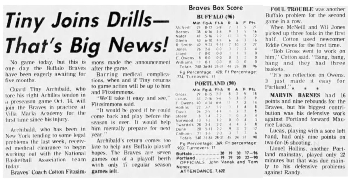 77Blazers's tweet photo. March 12, 1978 - #RandySmith scored 27 in the #BuffaloBraves victory over the injuried @trailblazers, becoming the first #Braves player to top the 10K point mark.

Smith, who was a 7th round pick by #Buffalo and played at @BuffStateMBB, played 7 seasons in Buffalo and earned 2 @NBA All-Star appearances. In fact, Smith was voted the #AllStar #MVP in the most recent game played in January.

The #Blazers, playing without #BillWalton and #LloydNeal, played from behind for most of the game until rookie #TRDunn put Portland ahead by a point with just over 4 minutes remaining, but Smith regained the lead for Buffalo just 20 seconds later, the basket that gave him the career total.  The game was halted and Smith received the game ball.

Dunn was 1 of 3 Blazers to score in double-digits, finishing with 12 points. #BobbyGross scored 18 and #TomOwens had 14.

Besides Smith's point total, he added 10 assists. #LarryMcNeill, signed as a FA just 5 weeks ago, added 21 points for the Braves.

#RipCity #ThisDateinBlazersHistory