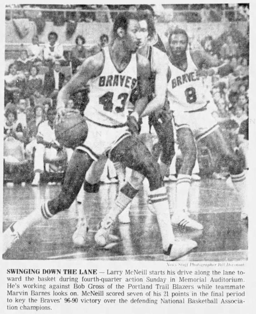 77Blazers's tweet photo. March 12, 1978 - #RandySmith scored 27 in the #BuffaloBraves victory over the injuried @trailblazers, becoming the first #Braves player to top the 10K point mark.

Smith, who was a 7th round pick by #Buffalo and played at @BuffStateMBB, played 7 seasons in Buffalo and earned 2 @NBA All-Star appearances. In fact, Smith was voted the #AllStar #MVP in the most recent game played in January.

The #Blazers, playing without #BillWalton and #LloydNeal, played from behind for most of the game until rookie #TRDunn put Portland ahead by a point with just over 4 minutes remaining, but Smith regained the lead for Buffalo just 20 seconds later, the basket that gave him the career total.  The game was halted and Smith received the game ball.

Dunn was 1 of 3 Blazers to score in double-digits, finishing with 12 points. #BobbyGross scored 18 and #TomOwens had 14.

Besides Smith's point total, he added 10 assists. #LarryMcNeill, signed as a FA just 5 weeks ago, added 21 points for the Braves.

#RipCity #ThisDateinBlazersHistory