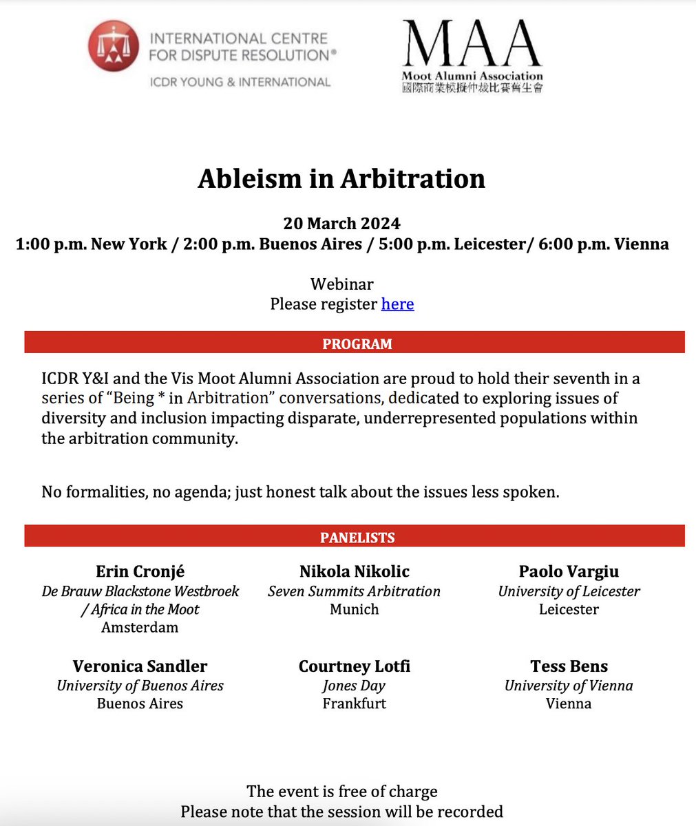 I'm very excited to be part of the upcoming conversation on ableism in arbitration - a vital discussion that needs more voices. Thanks to Tess Bens and Courtney Lofti for the invitation! Register to join us at americanarb.zoom.us/webinar/regist…