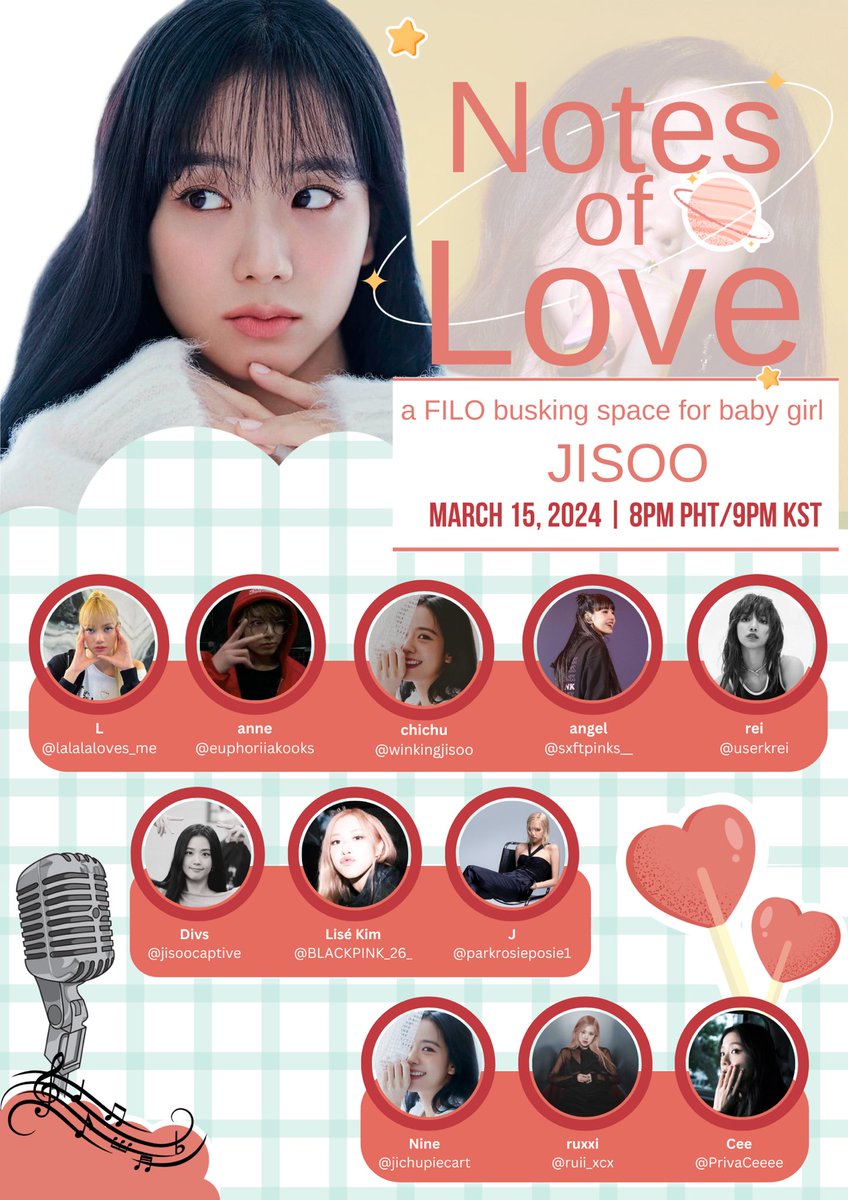 kjsxcoffee's tweet photo. ~~~~~~NOTES OF LOVE~~~~~~

Request songs to your favorite stan singers!!!

The donations that will be collected shall be used for baby girl #JISOO’s food truck fund! ✨

🗓️ 15 March
⏰ 8 PM PHT/9 PM KST

Request link/s shall be posted a few hours before the scheduled busking. ✨ https://t.co/gFmppxqTbn