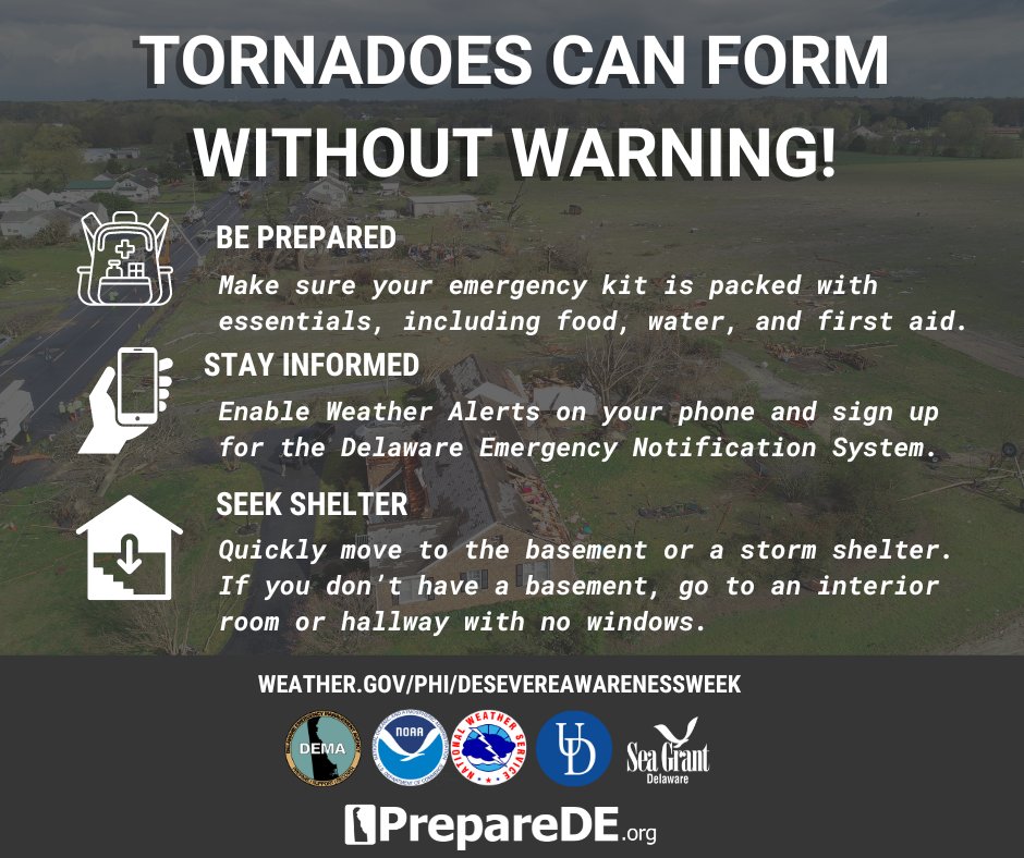 DelawareEMA's tweet photo. 🌪️ Today we are talking about tornadoes! 😱 These deadly storms can form without warning, so it's crucial to be prepared. Sign up for emergency alerts at https://t.co/G3WeaTeyoz now! Remember, seek shelter in a safe place with no windows when a tornado strikes. #tornadoprep🌪️ https://t.co/ipSFXsHR6n