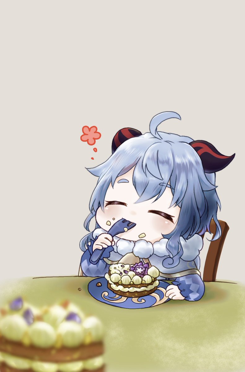 ganyu (genshin impact) 1girl eating food horns blue hair ahoge solo  illustration images