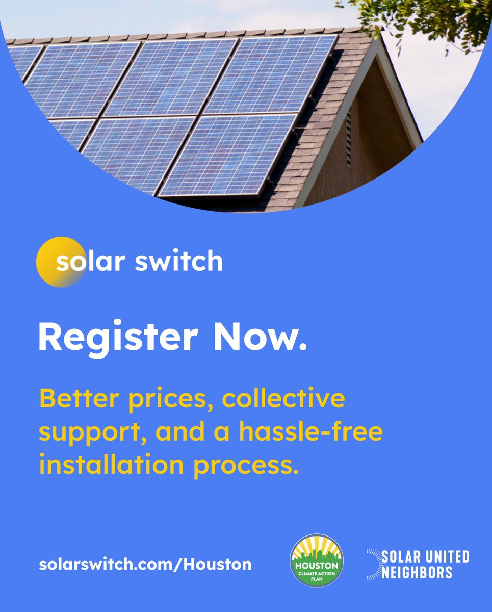 Remember, registration for #SolarSwitch is open! 🌞 Residents of Houston saved an average of 21% on a solar installation in the previous program through our nonprofit partner Solar United Neighbors. The more people that register, the better the discount will be! Switching to