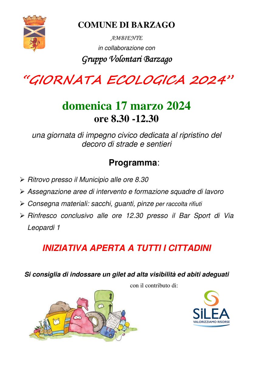 ComuneBarzago's tweet photo. Domenica 17 marzo si terrà la "Giornata ecologica 2024", una giornata di impegno civico dedicata al ripristino del decoro di strade e sentieri, organizzata dal Comune di Barzago in collaborazione con il Gruppo Volontari Barzago.
Maggiori informazioni nell'immagine sottostante. https://t.co/kAyiW34h38