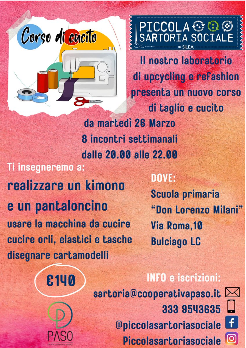 ComuneBarzago's tweet photo. La "Piccola sartoria sociale" organizza un nuovo corso di taglio e cucito che si svolgerà da martedì 26 marzo, in una serie di 8 incontri settimanali dalle 20 alle 22, presso la scuola primaria "Don Lorenzo Milani" di Bulciago. https://t.co/7D6RI5VXmO