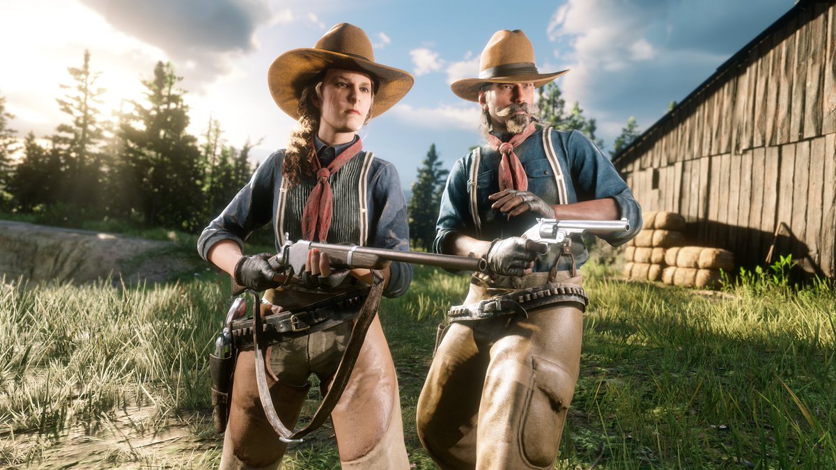 RockstarGames's tweet photo. The featured Community-Inspired Outfit by YouTuber gamingflixx shows off the power of thoughtful accessorizing.

Claim the pieces for free in Red Dead Online from participating Tailors and the pages of the Wheeler, Rawson &amp; Co. Catalogue through April 1: https://t.co/B3tQiAp9kX https://t.co/CFAKig6x4a