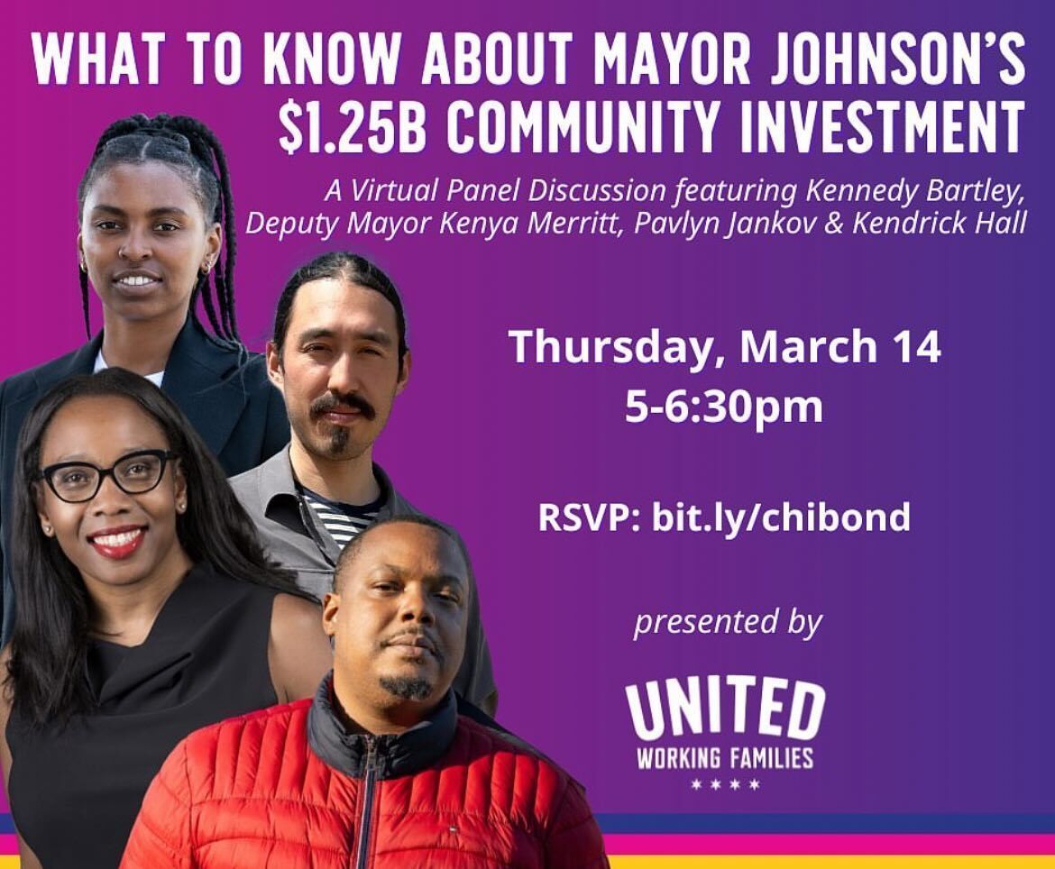 Thursday, join us for a panel discussion on Mayor Johnson’s $1.25B community investment introduced last month. Learn how this program offers an opportunity to transform the city! @pcrchi Lead Energy Organizer Kendrick Hall will join as a panelist. 👉 RSVP bit.ly/chibond