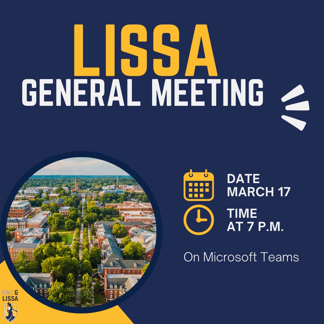Our next LISSA General Meeting is this Sunday, March 17 at 7pm on Microsoft Teams. Join at the link in our bio. 

We hope to see you there! 😊

#uncglissa #uncglis #uncg