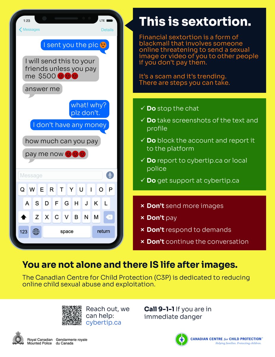 #Sextortion – Save, print and share this poster to help everyone recognize sextortion when they see it. To access resources and report this crime, visit cybertip.ca/en/
