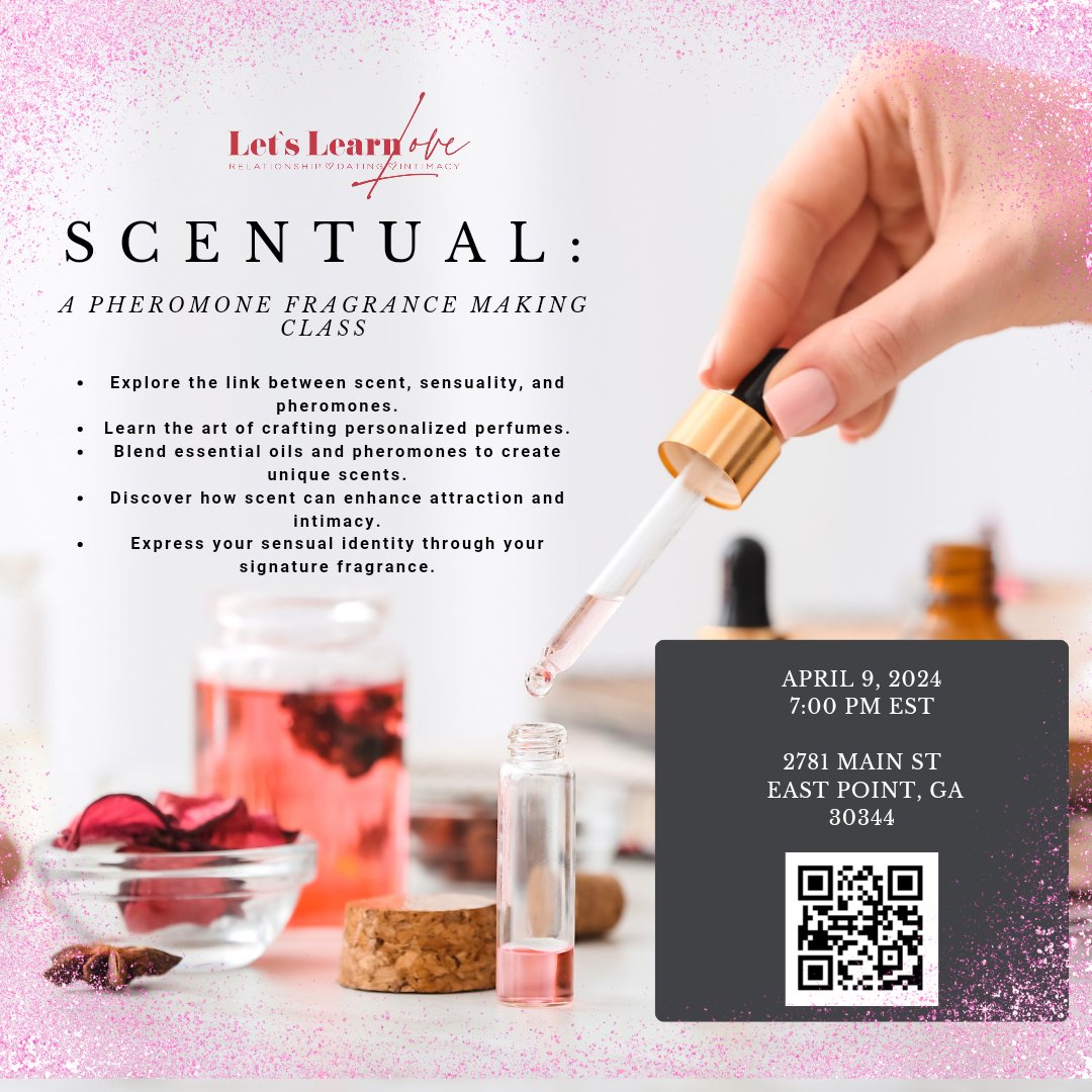 cassandramparks's tweet photo. 𝗪𝗵𝗼 𝗗𝗼 𝗬𝗼𝘂 𝗔𝘁𝘁𝗿𝗮𝗰𝘁?!!  
- Explore the link between scent, sensuality, and pheromones.
- Learn the art of crafting personalized perfumes.
- Blend essential oils and pheromones to create unique scents.
- Discover how scent can enhance attraction and intimacy.
#ATL https://t.co/jCwXId83tC