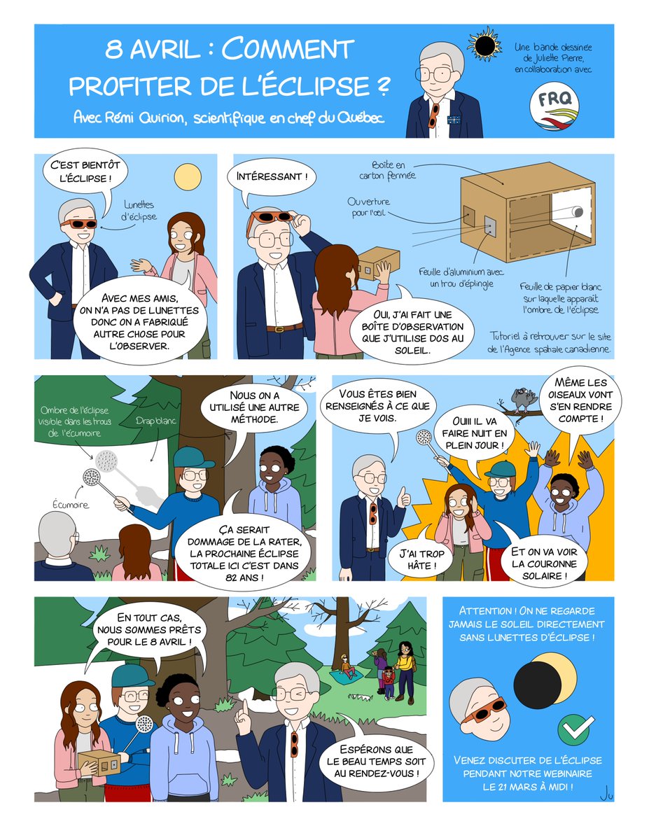 SciChefQC's tweet photo. ☀️ Comment bien profiter de l'éclipse du 8 avril prochain?

Je ne pensais jamais me retrouver un jour dans une bande-dessinée! Merci à Juliette Pierre @mtl_phd pour cette collaboration. https://t.co/uhCe8AyiKv