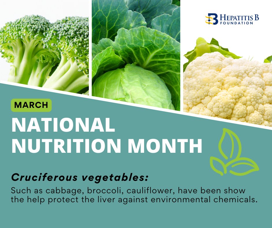 HepBFoundation's tweet photo. “Cruciferous vegetables” such as cabbage, broccoli and cauliflower have been shown to help protect the liver against environmental chemicals. 

Learn more 👉 https://t.co/tXSAkOdMmt

#NationalNutritionMonth 🥬 https://t.co/wbr39F3G7F
