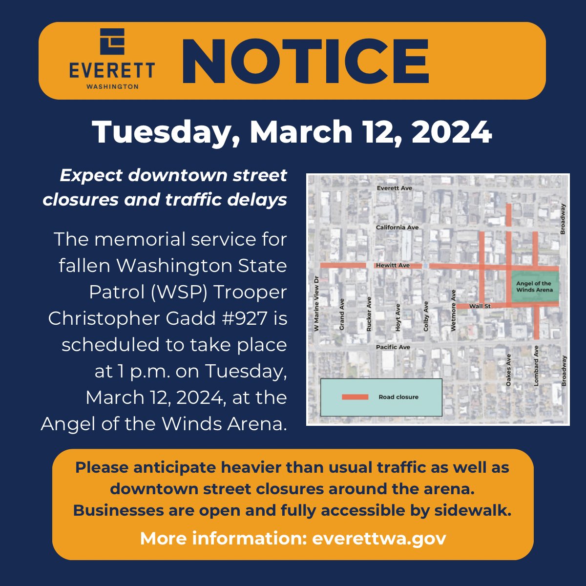 The memorial service for fallen Washington State Patrol Trooper Christopher Gadd takes place today at Angel of the Winds Arena, 1 p.m., with a processional beforehand. Expect heavier than usual traffic and street closures near the arena. Keep Trooper Gadd & WSP in your thoughts.