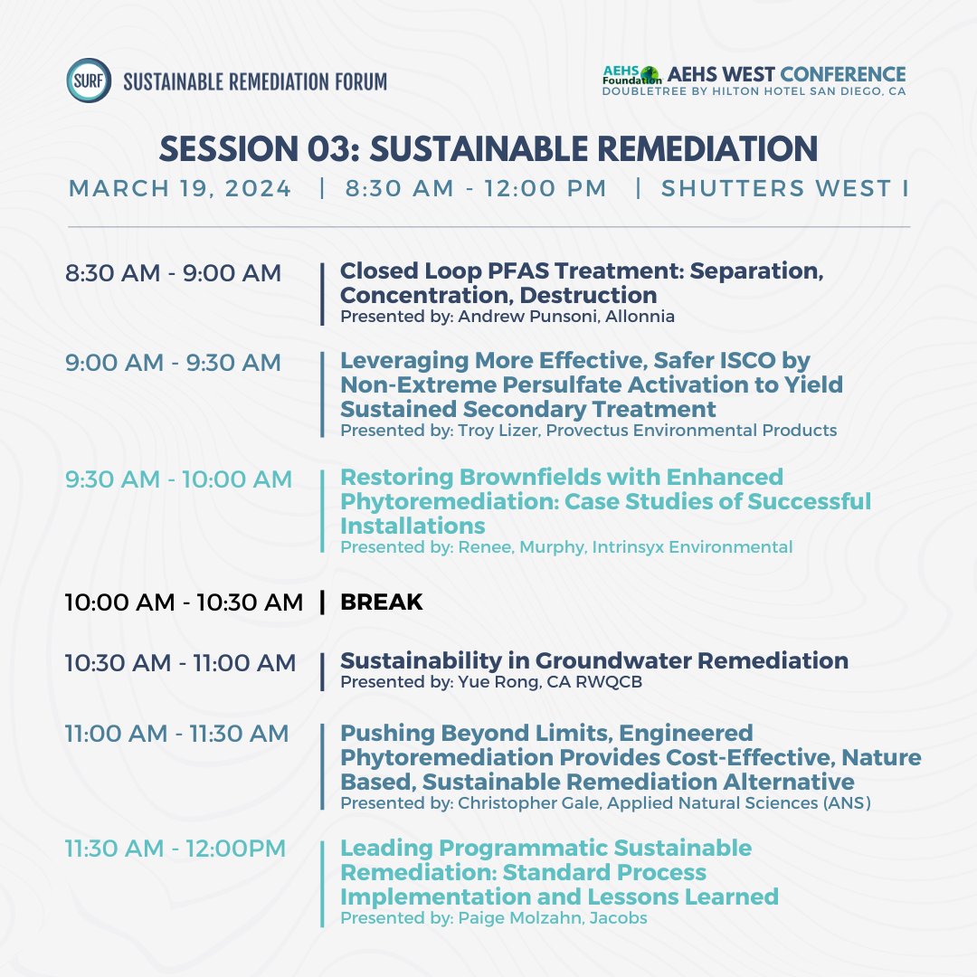 SR_Forum's tweet photo. Join us on March 19, 8:30 AM-12PM in Shutters West I at the 2024 @AEHSFoundation West Conference for a session on Sustainable Remediation. Don't miss this opportunity to learn from experts in the field!
🔗 Register now! https://t.co/B8wunhFzAE
#AEHS #sustainableremediationforum https://t.co/f08abgbCv0