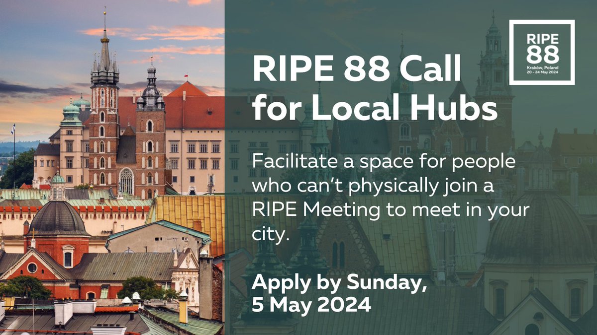 If you can't join #RIPE88 in person, have you thought of hosting a local hub? Local hubs are in-person gatherings that allow people to watch the webcast of the RIPE Meeting and participate remotely, together. Apply before 5 May 2024. More information at: ripe88.ripe.net/attend/call-fo…