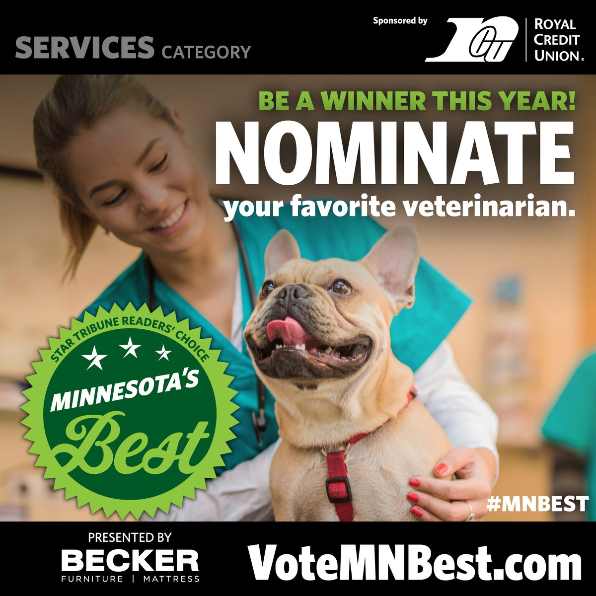 Nominate your favorite veterinarian and others in the Minnesota's Best Services Category, brought to you by Royal Credit Union! Nominate now through Thursday, March 14th at VoteMNBest.com. #MinnesotasBest #MNBest