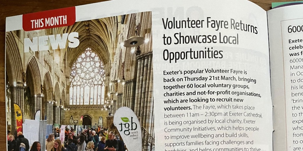 Thanks to One Magazine for covering ECI's #VolunteerFayre in its March issue. Don't forget the Fayre is on Thursday 21 March, 11am-2.30pm at #ExeterCathedral. 60 local organisations will be looking to recruit new #volunteers. Book your free entry ticket ow.ly/VKoS50QJaYW