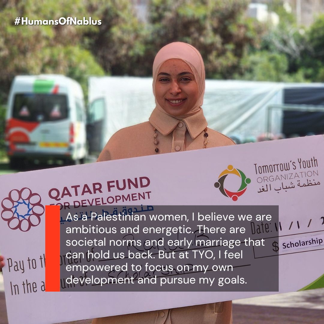 Meet Rand. She is a student at Al-Quds Open University, and a volunteer at TYO. Together with @qatar_fund #QFFD , we are proud to support and sponsor her journey in higher education. #HumansOfNablus #WomensMonth