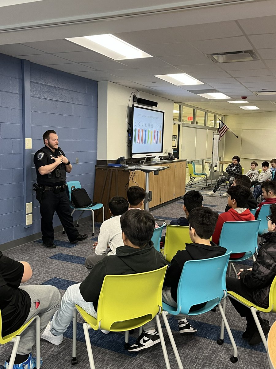 A big thank you to Officer Yeomans for talking with our 6th graders this morning! We heard about lots of ways we can help our community! @TroyMI_Police @LarsonMS @troyschools