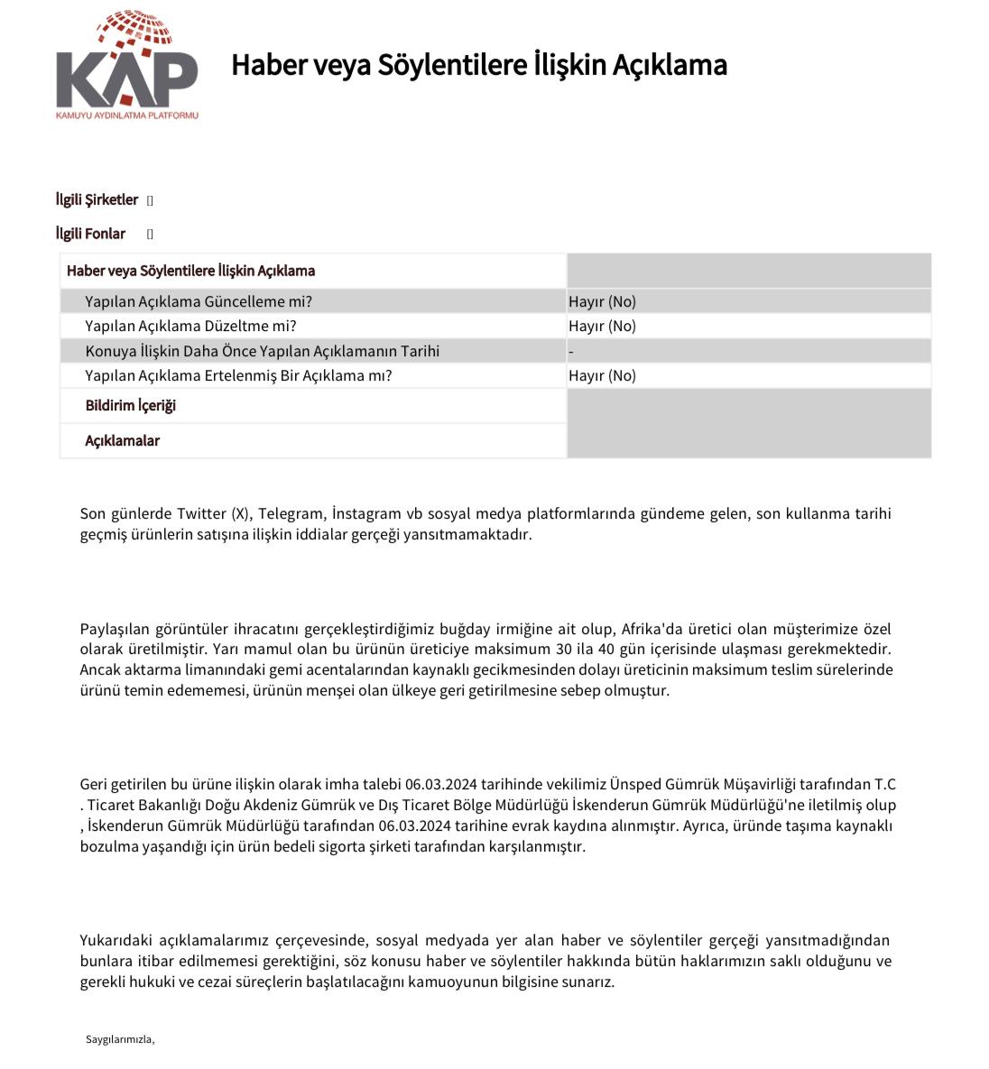 Oba Makarna, bozuk un haberini yalanladı! Bu haberi kötü niyetli paylaşan piyasa dolandırıcıları hakkında yasal işlem yapacağını da açıkladı. Bu uyarıyı 1,5 saat önce ben yaptığımda cahil ve dolandırıcılar saldırıya geçmişti. İşte size ispat KAP açıklaması... #obams #bist100