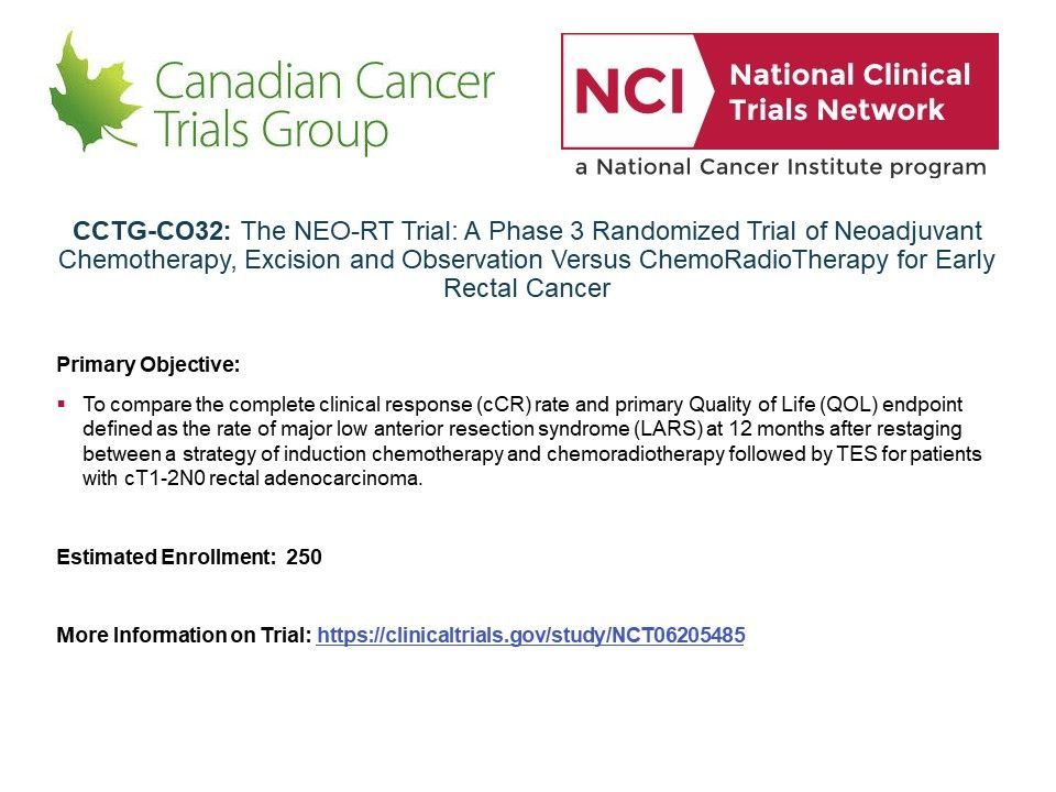 Newly Activated #NCTN #RectalCancer NEO-RT Trial: (CCTG-CO32): A Phase 3 Randomized Trial of Neoadjuvant Chemotherapy, Excision and Observation Versus ChemoRadioTherapy for Early Rectal Cancer, led by Dr. Kennecke @HKennecke @OHSU @CDNCancerTrials More: buff.ly/49HuheM