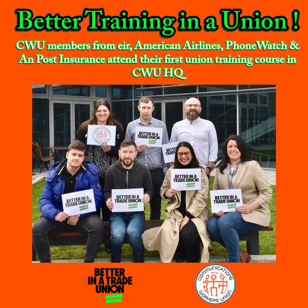 CWU's tweet photo. Better Training in a Union! CWU members from eir, American Airlines, PhoneWatch & An Post Insurance attend their first union training course in CWU HQ #cwuireland #BetterInATradeUnion #training #UnionTraining https://t.co/iy2CLTa0yh