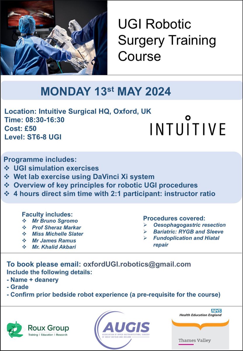 🚨 🚨 OG Robotic Day 🚨 🚨 

13 May, Intuitive HQ, Oxford

Hands-on wet lab OG, bypass, bariatric sleeve, fundoplications &amp; hiatal work with <a href="/IntuitiveSurg/">Intuitive</a> <a href="/Augishealth/">AUGIS</a>  

Book your spot today! Don’t miss out ⏰
