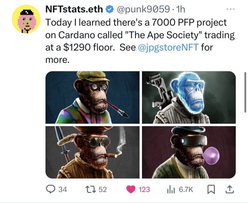 Love em or hate em, you gotta give credit to <a href="/wabdoteth/">wab.eth</a> and TAS 🫡

Wild that <a href="/punk9059/">Stats</a> is tweeting about Cardano NFT’s 🔥