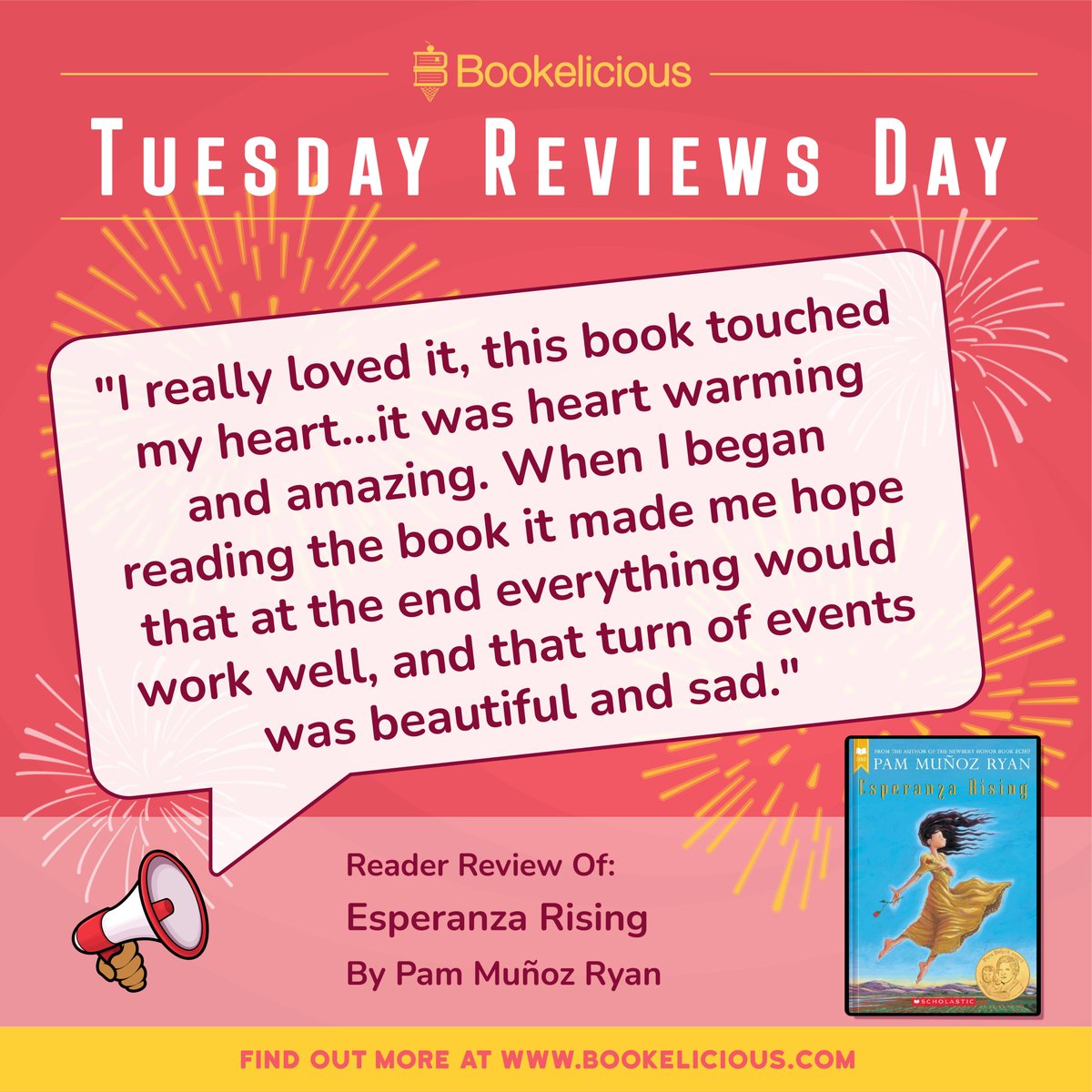It's #TuesdayReviewsDay! 📚👍 ⭐️ ESPERANZA RISING by @PamMunozRyan! 'Beautiful and sad' ❤️💔❤️‍🩹 Grab yours! 20% off + free shipping with code FEEDYOURREAD20: bookelicious.com/book/967/esper… En español! bookelicious.com/book/30644/esp…