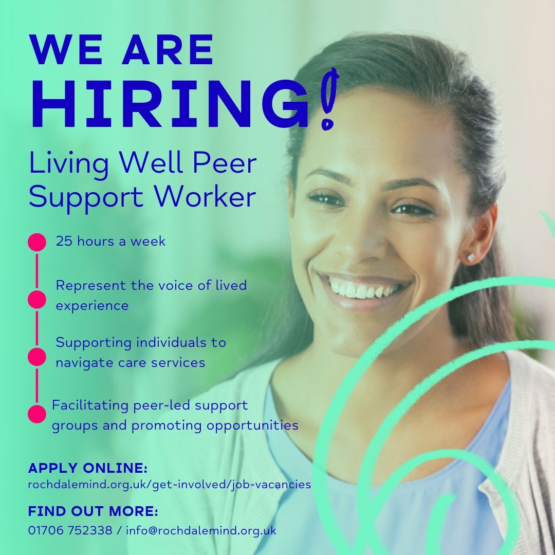 We're growing our Living Well service and are seeking 3 Peer Support Workers to use their own lived experience to give people facing similar challenges the right level of support and respect. For more information and how to apply please visit: rochdalemind.org.uk/get-involved/j…