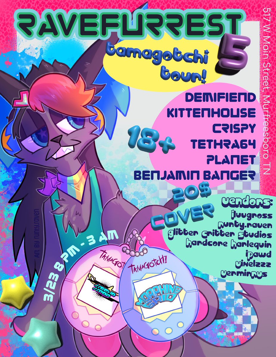 planetmg_'s tweet photo. 🚨CALLING ALL RANGERS &amp; POP STARS🚨 
ANNOUNCING THE 2024
“👾TAMAGOTCHI WORLD👾” TOUR

FIRST STOP NASHVILLE,TENNESSEE! 

RAVEFURFEST 5: TAMAGOTCHI TOUR 🐺
(MARCH.23RD)👾
(18+/$20 ATD/8PM-3AM)🐺

 #House #Electronic #Club  #MorphingGrid #ThemeRave #Rave  #TOUR https://t.co/Lk24t81yTh