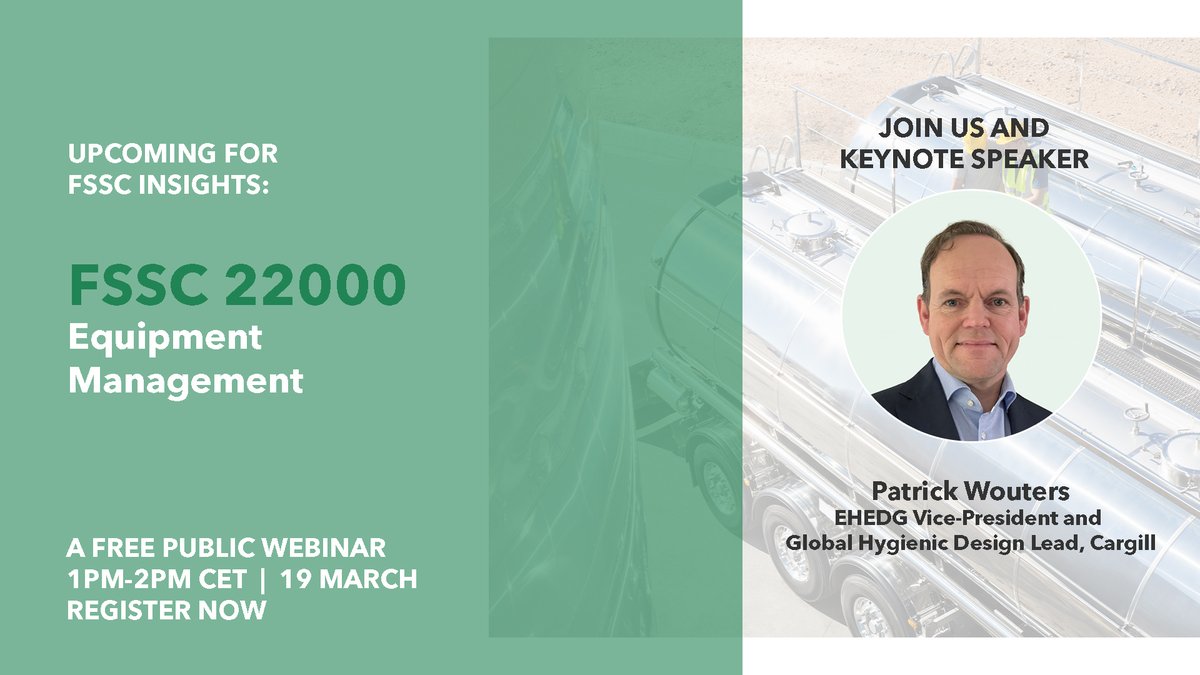 Don't forget to register! Join us on Tuesday, 19 March, at 1PM CET for our upcoming #FSSC Insights Webinar dedicated to the #FSSC22000 V6 Scheme Additional Requirement on #EquipmentManagement. Participation is free of charge. Register today via the link: ow.ly/HlTV50QIAEE