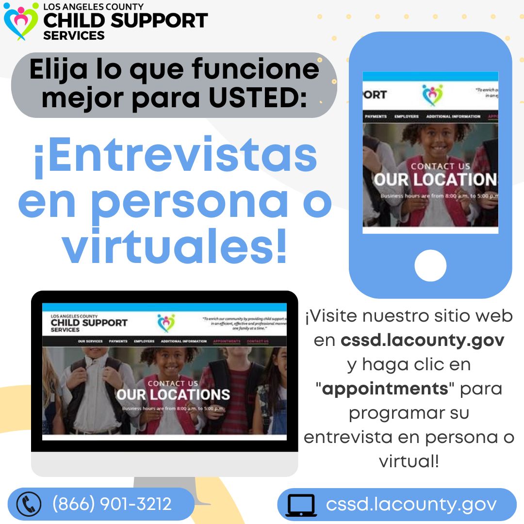 Visit cssd.lacounty.gov & click on “appointments” @ the top. When you select your office location, you can schedule an in-person or a virtual interview – whichever works best for YOU! For more info,☎️(866) 901-3212 or Live Chat💻cssd.lacounty.gov.