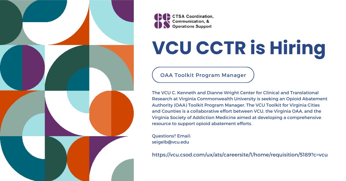 Job opportunity alert! Join the team at @VCU_CCTR as an Opioid Abatement Authority Toolkit Program Manager in Richmond, VA. #CTSAProgram Apply now: ow.ly/aPup50QR7Y7