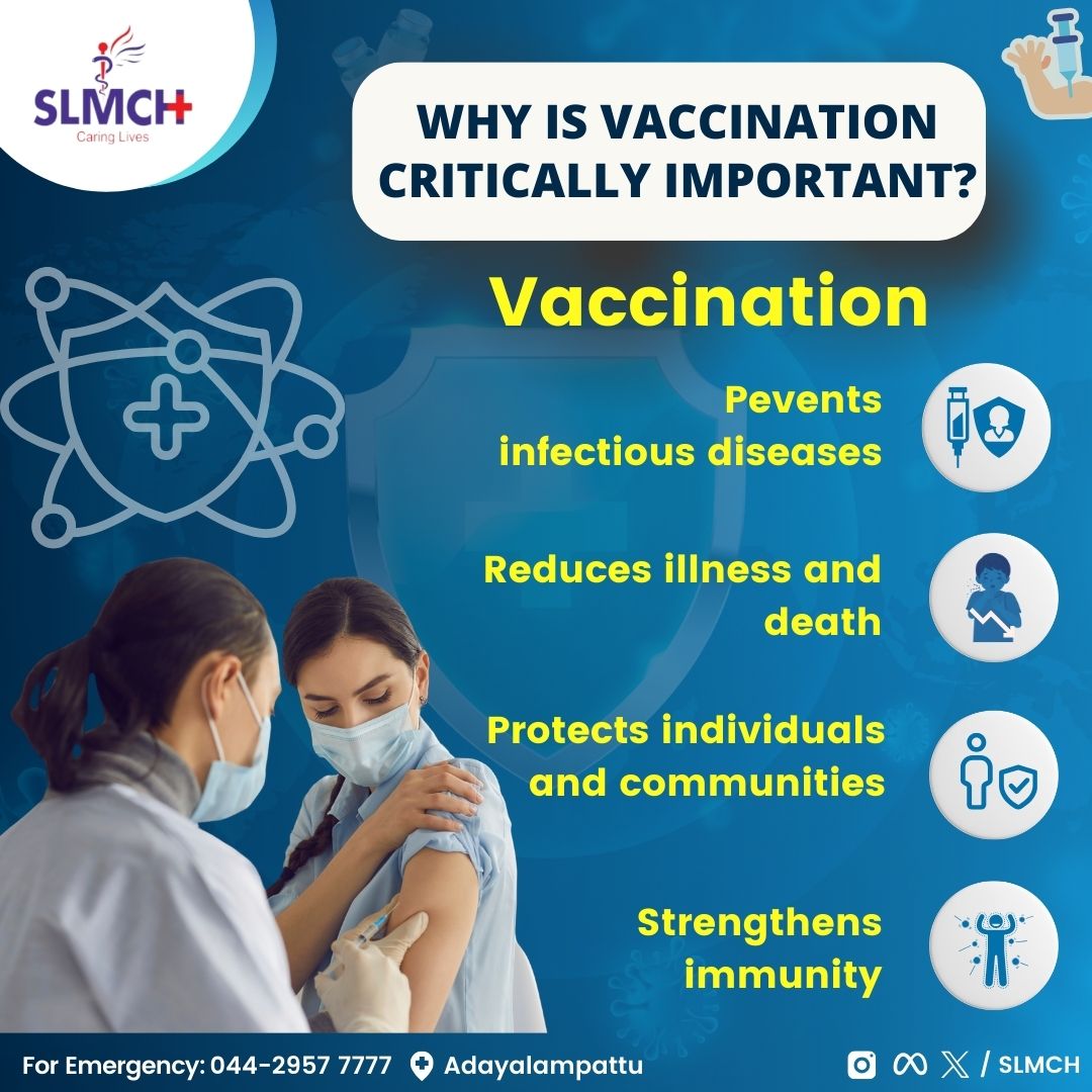 Protecting lives and communities, vaccination is essential for preventing infectious diseases. 
#SLMCH #Savinglives #srilalithambigai #DRMGR #MGRERI #VaccinesSaveLives #ProtectPublicHealth #PreventIllness #CommunityImmunity #PublicHealthPriority #StayProtected #HealthcareForAll