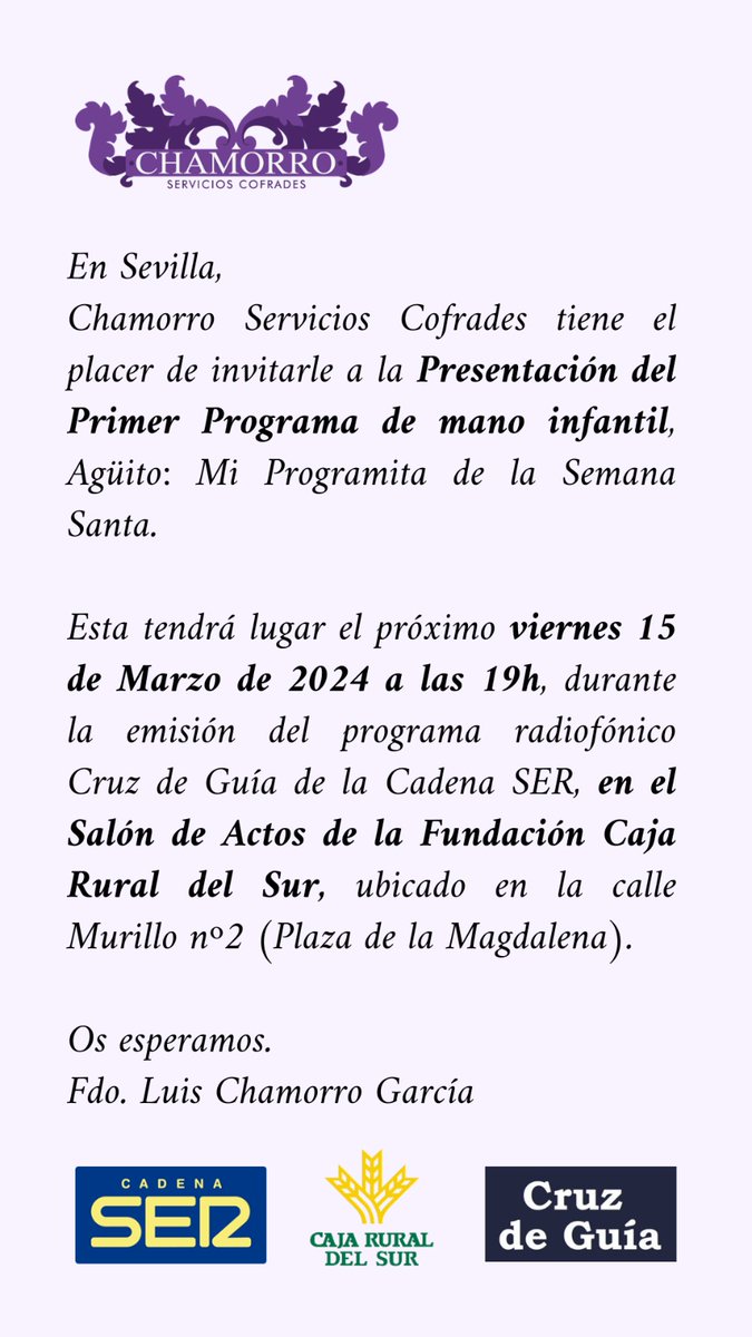 miprogramitaSS's tweet photo. Recordad:

El próximo viernes 15 de Marzo de 2024 a las 19h, durante la emisión del programa radiofónico Cruz de Guía de la Cadena SER, en el salón de actos de la Fundación Caja Rural del Sur.

Os esperamos. 💧 https://t.co/ZBTRAe60P0