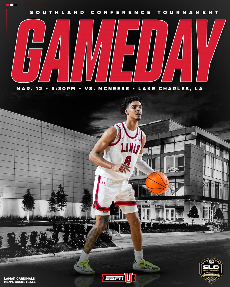 LamarMBB's tweet photo. Battle of the Border Pt. 3...Semi-final edition‼️
The Cards take on McNeese for a spot in the SLC Tournament Championship!
🆚  McNeese
📍 Legacy Center (Lake Charles, LA)
⏰ 5:30PM
📺 ESPNU
📊 ESPN APP

#WeAreLU https://t.co/HCeJBZdBgX